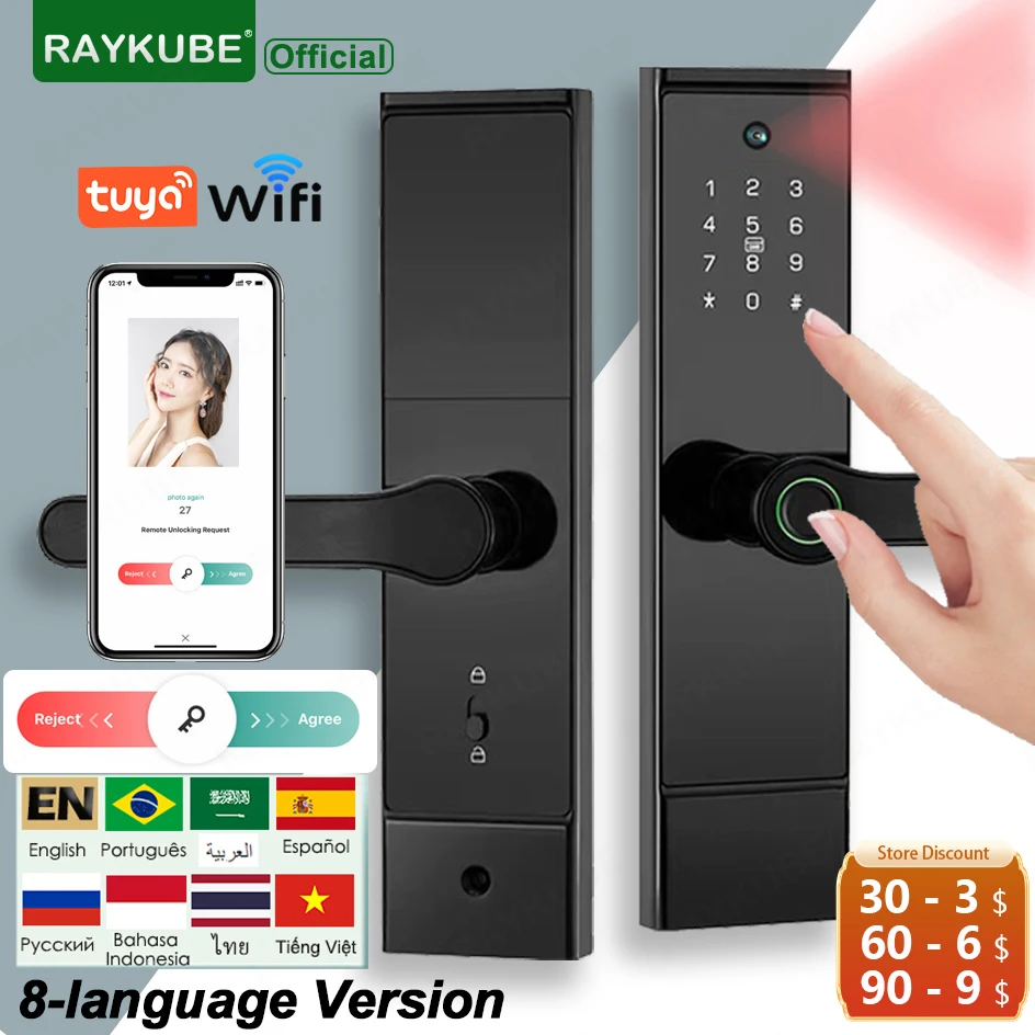  Tuya - Cerradura de puerta inteligente electrónica digital WiFi  con cámara biométrica de huellas dactilares, tarjeta inteligente,  desbloqueo de llave de contraseña (color : 240 x 22 (4585), tamaño: negro 
