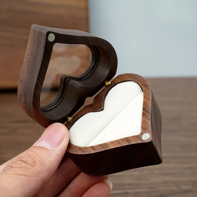 Heart-shaped Solid Ring Box Jewelry Storage Bag Wooden Gift Box Proposal Engagement Wedding Ceremony Birthday Gift