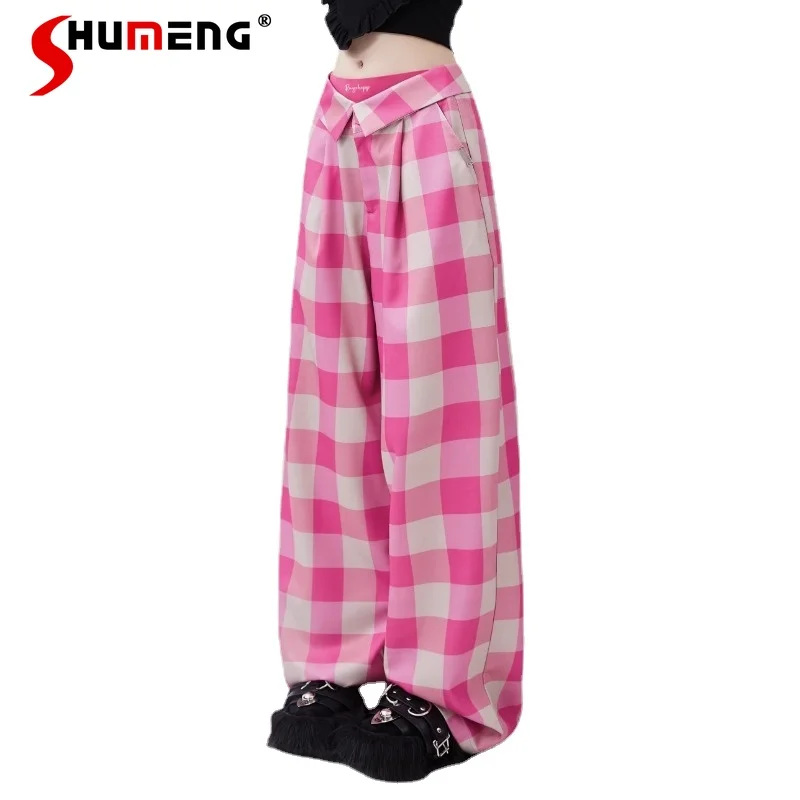 New Fashion Overalls Summer Retro Flip Waist Plaid Stitching Design Sweet Cool Straight-Leg Pants Ins Style Long Trousers Female purple cowboy overalls female sister style 2023 autumn new american retro high waist loose wide leg jumpsuit large size