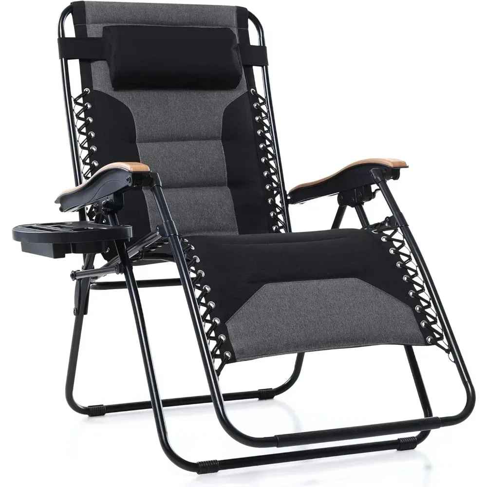 

Oversized Upholstered Zero Gravity Chair, Foldable Patio Lounger, 30" Wide Seat Gravity Recliner with Cup Holder, Black