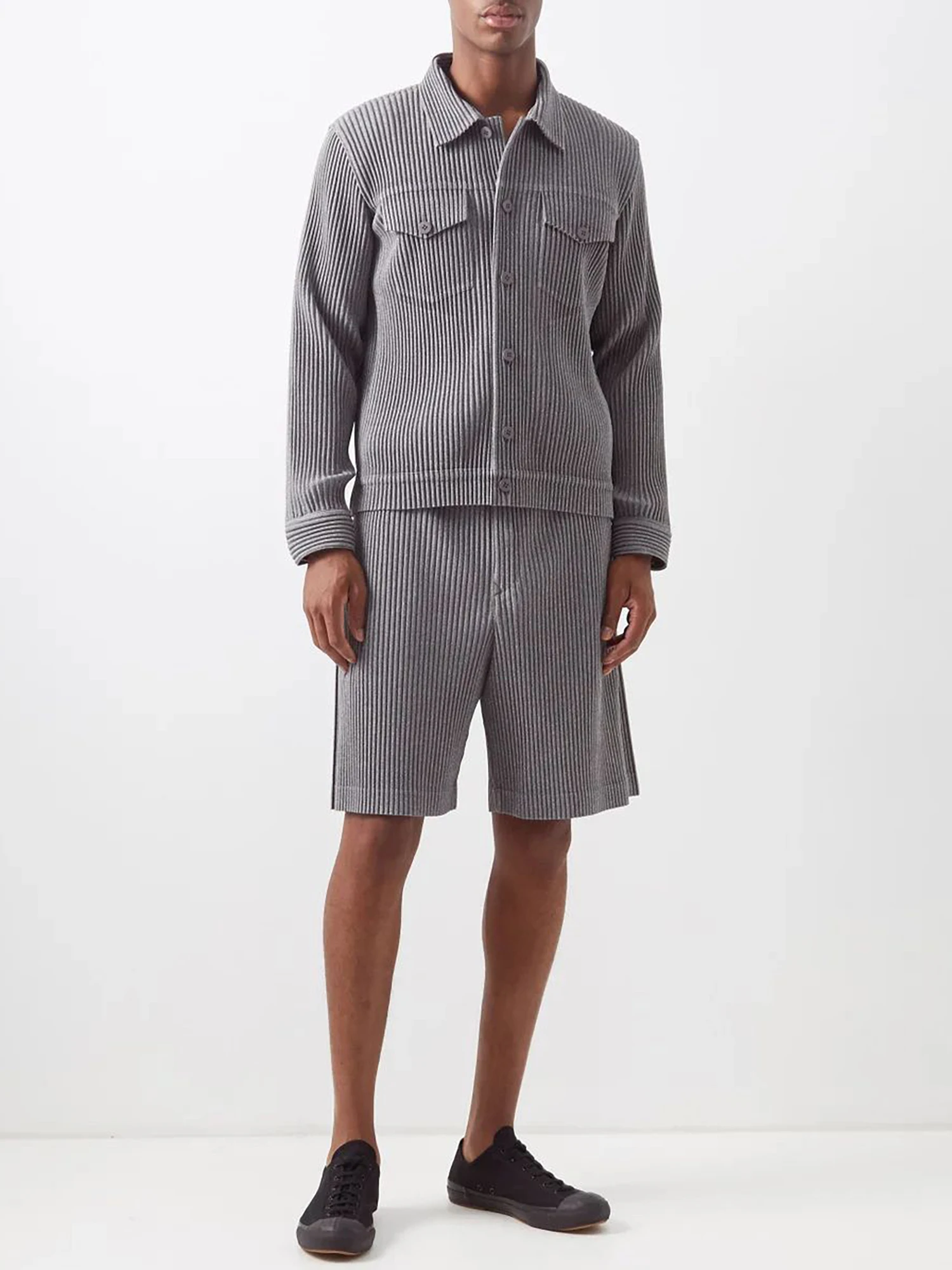 Miyake Pleated Men Button-down Jacket Cargo Pocket Single Breasted Male Coat 3