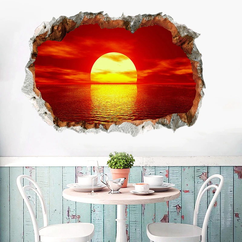 3D Broken Wall Art Ocean Sunrise Landscape Vinyl Mural Stickers Home Decorations Living Room Bedroom Sea View Poster Wallpaper