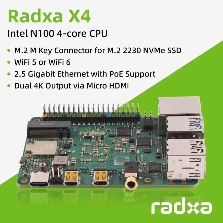 Radxa X4 Intel N100 PCIe 3.0 M.2 M Key WiFi 5/6 High-Performance SBC Dual 4K Output single board computer mini development board