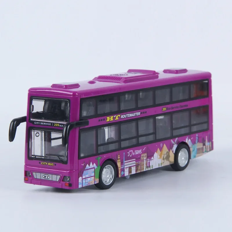 Double-Decker Bus Model Diecast Plastic Pull-Back Bus Inertia Light City Tour Bus Car Collection Toys Gifts for Children Kids