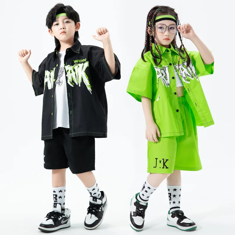 Kids Hip Hop Costume Loose Print Shirt Casual Shorts Girls Boy Street Dance  Clothes Teenage Group Performance Outfits 8 10 12 Y