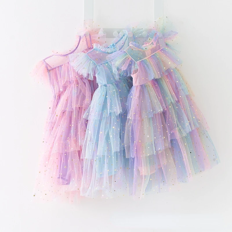 Girls Dress Tulle Fairy Princess Dresses Fly Sleeve Rainbow Star Sequined Cake Dress Children Birthday Party