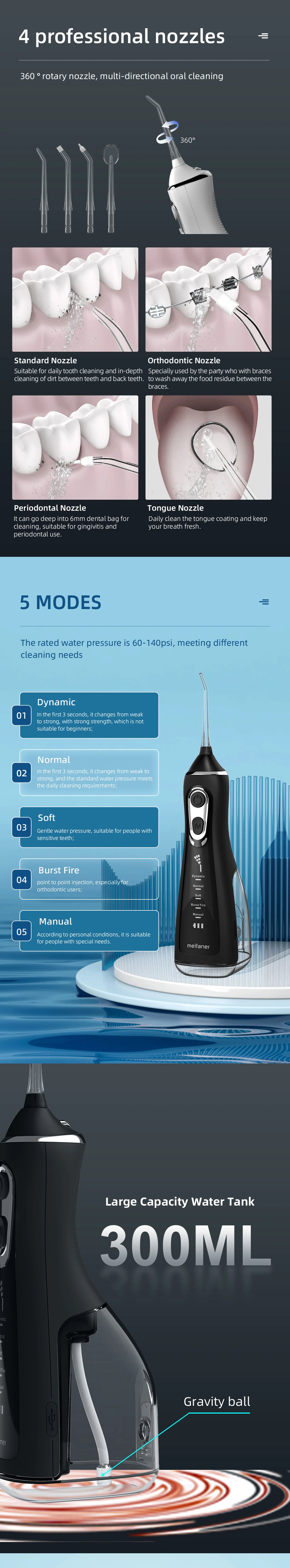 Jato de água dental portátil 350ml ipx6