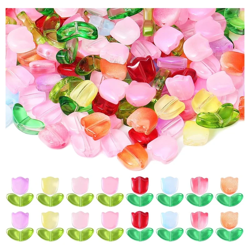 

320 Pcs Colorful Translucent Tulips Flower Beads Crystal Loose Glass Flower Beads Beading Material