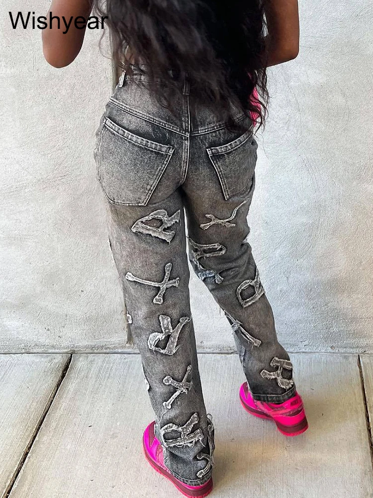 High Waist Letter Ripped Jeans Fashion Women Winter Straight Trousers Denim Baggy Pants Spring Ladies Y2K Streetwear Wholesale