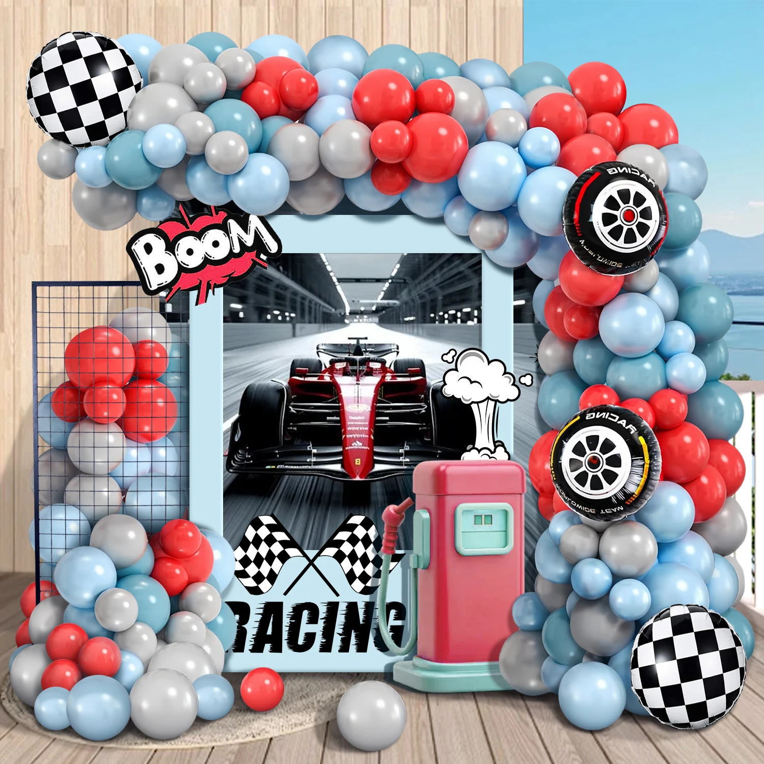 111-teiliges Rennwagen-Party-Ballongirlanden-Set, mit Roten, Blauen und Grauen Ballons sowie Aluminiumfolienballons, Geeignet für Männer-Rennfahrer-Geburtstage