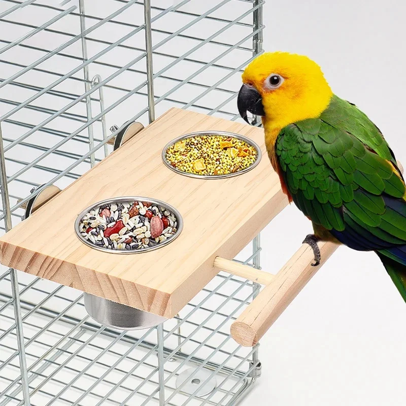 1 Pc Stainless Steel Bird Bowl Feeding Dish Cups Wooden Perch Stand Parrot Cage Feeder for Pet Birds Cockatiels Lovebird Conures