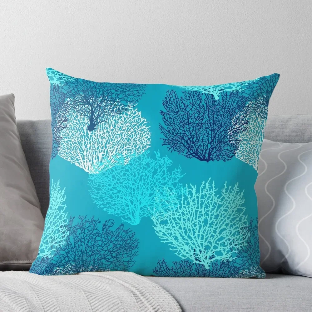

Fan Coral Print, Turquoise, Aqua and Cobalt Blue Throw Pillow Sofa Cover New year