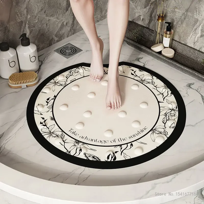 Creative Black White Light Luxury Pattern Circular Bathroom Anti-skid Floor Mat, Shower Suction Cup Children's PVC Foot Mat, 1Pc