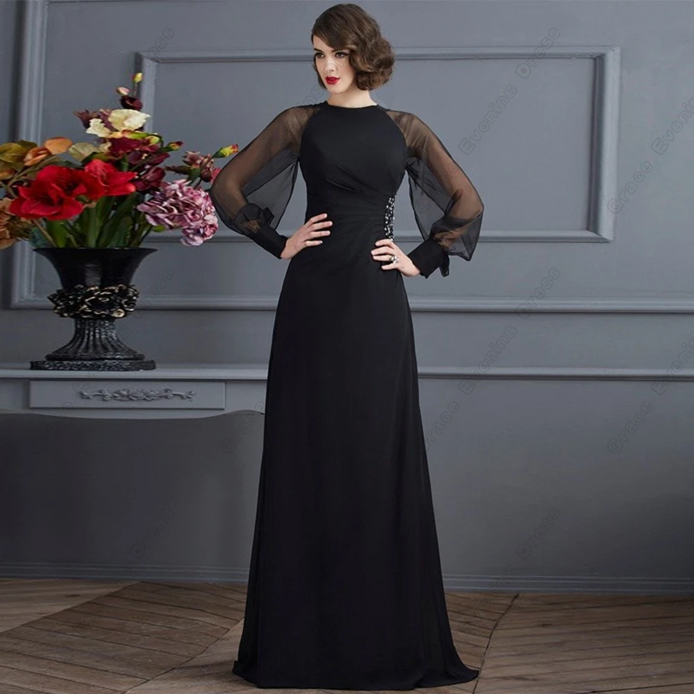 

Modern Scoop Mother of Bride Dresses for Women Black Chiffon Full Sleeve Wedding Party Dresses with Beading Robe De Soirée