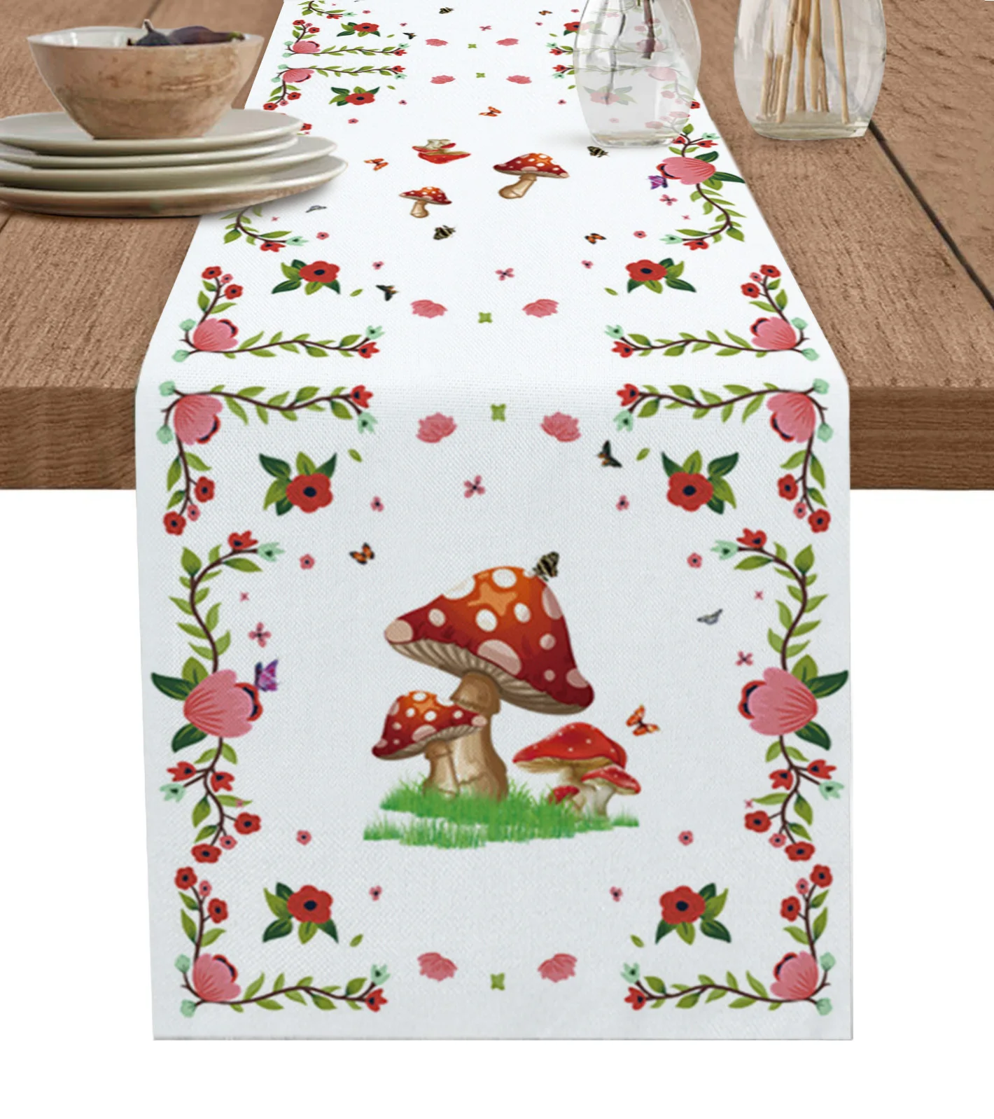 Spring Flower Butterfly Table Runner Kitchen Dinner Table Cover Wedding Party Decor Cotton Linen