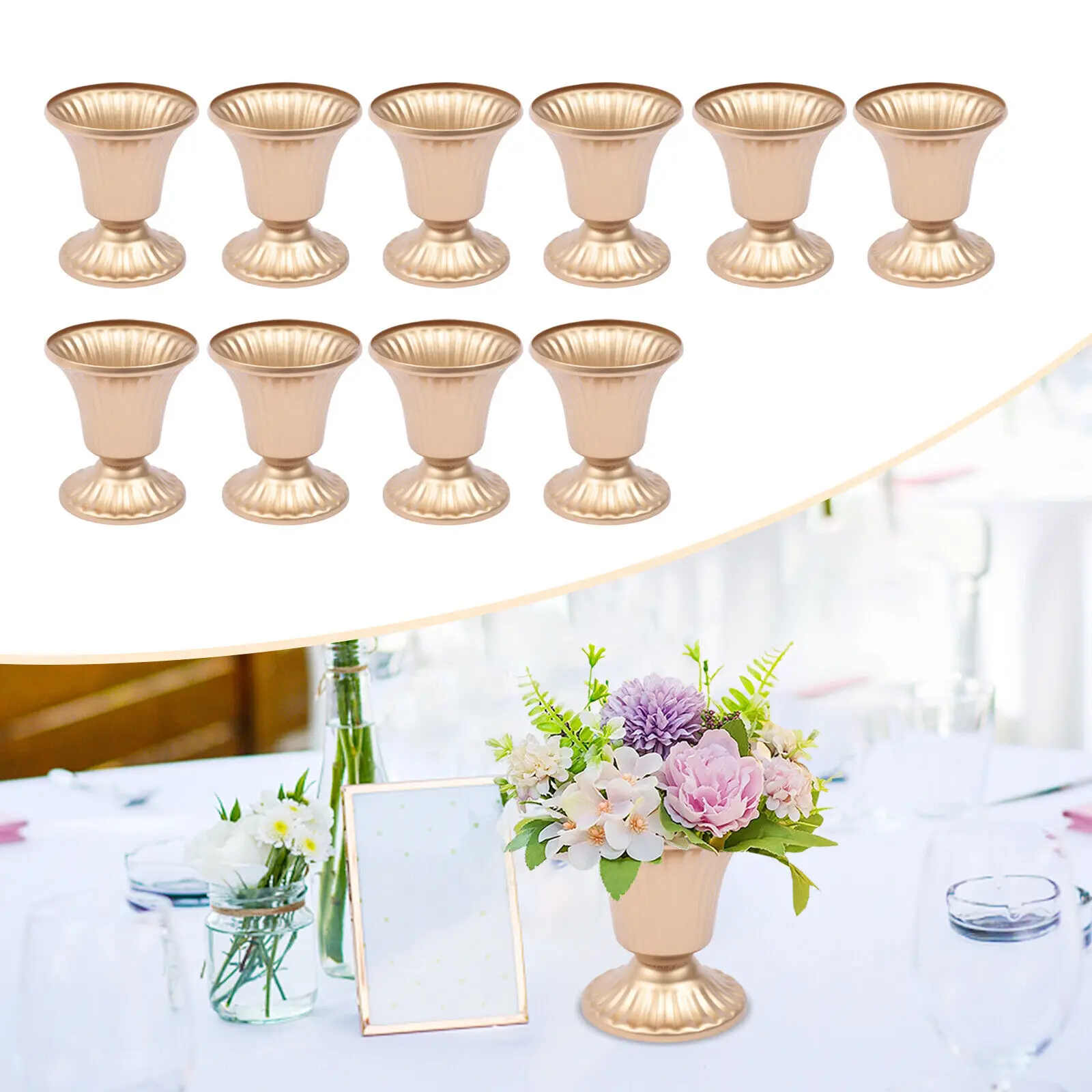 

10pcs Creative Golden Flower Trumpet Vases Desktop Wedding Party Centerpieces Holder