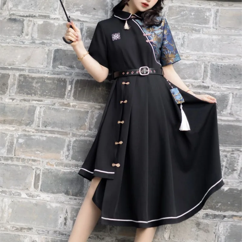 

Girl's Chinese-Style Modified Lolita Buckle Dark Contrast Color Stitching Asymmetric Dress Summer