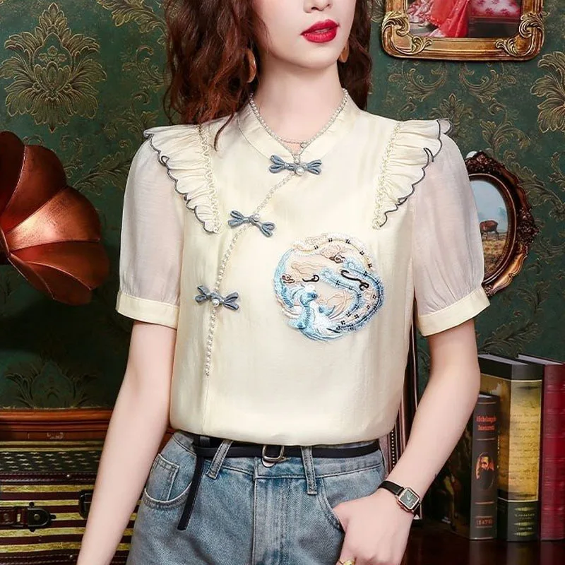 Chinese Style Summer New Stand Collar Pan Button Embroidery Spliced Ruffles Elegant Slim Versatile Women's Chiffon Shirt Tops