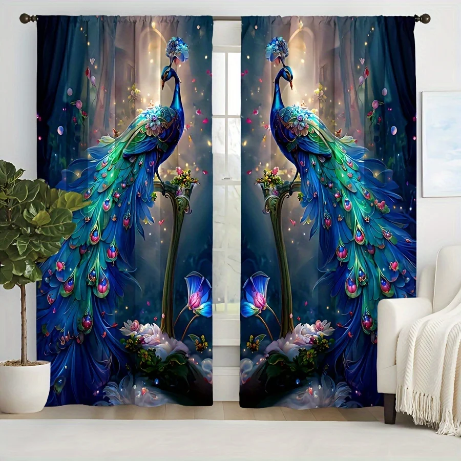 

2pcs Blue GreenPeacock Butterfly Flower Retro Printed Curtain For Bedroom Office Kitchen Living Room Study Home Decor Rod Pocket