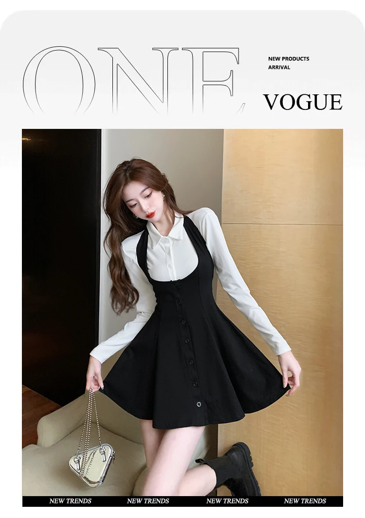 Autumn New Two-piece Skirt Sets Women Long Sleeve White Blouse High Waist Halter Mini Dress Korean Fashion Y2K Harajuku Outfits
