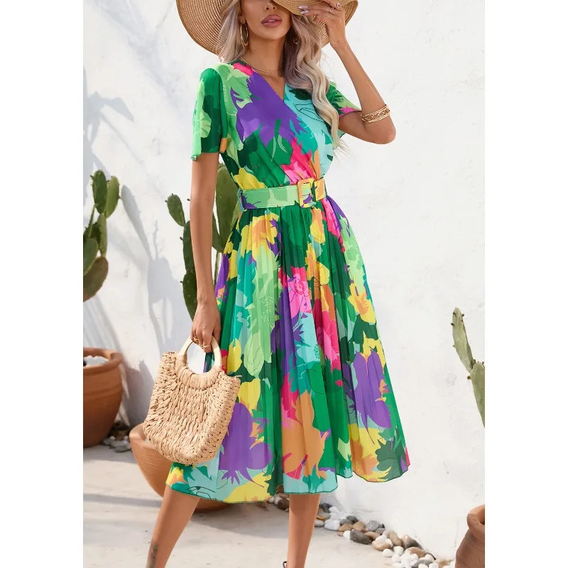 

Tropical Floral Print Belted Dress V Neck Flowy Short Sleeve A Line Midi Dresses Women Boho Swing Holiday Long Pleated Dresses