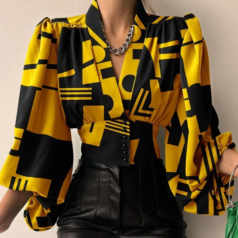 Sexy V Neck Long Sleeve Shirt Blouse Office Lady Spring Autumn Fashion Elegant Floral Print Shirt For Women 2023 Female Tops