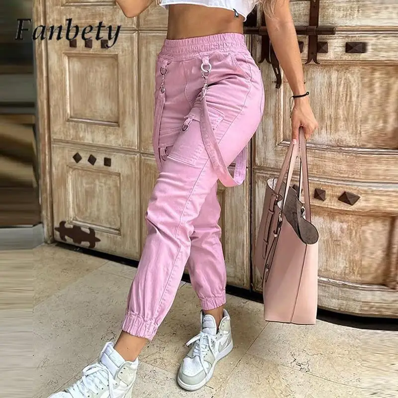 

Fashion Elastic Waist Casual Baggy Pants Women Casual Cargo Trousers Ladies New Elegant Pink Punk Pockets Cargo Pants Streetwear