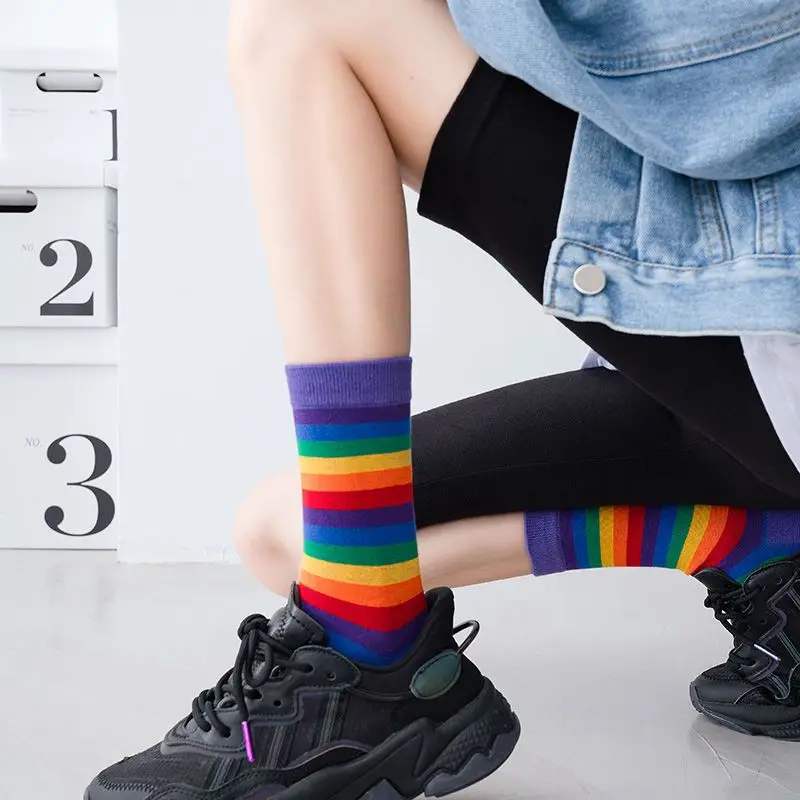 4 Pairs Women's Socks Cute Harajuku Warm Sock Simple Colorful Striped Short Socks Fashion Spring Autumn Women's Mid Tube Socks