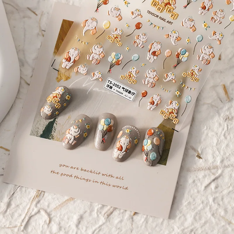 1 Sheet 5D Realistic Relief Cute Balloon Playing Elephant Baby Party Adhesive Nail Art Stickers Decals Manicure Ornaments 2