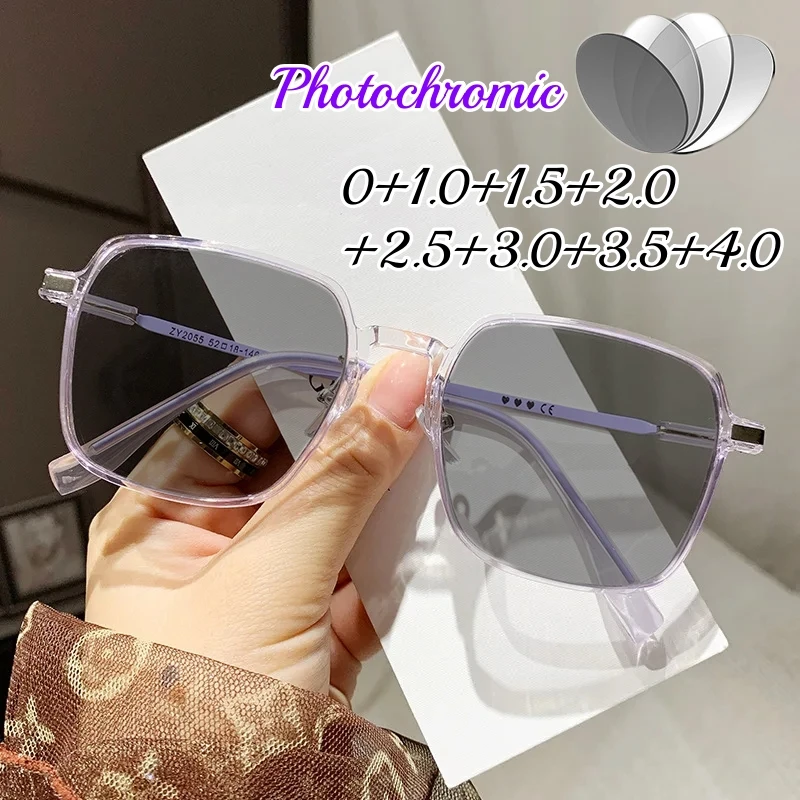 

New Smart Photochromic Reading Glasses Men Women Color Changing Presbyopia Eyeglasses Ladies Retro Square Sunglasses 0 To +4.0