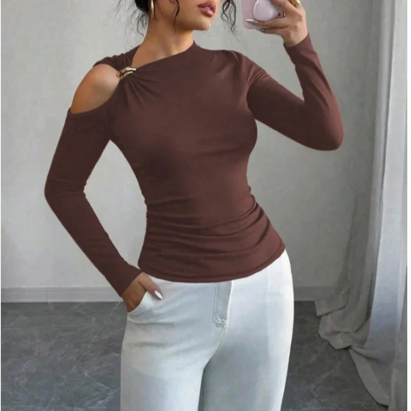 New Fashion Women's Asymmetrical Collar Off-shoulder Long-sleeved Top Retro Metal Decorative Slim-fitting and Thin Blouse