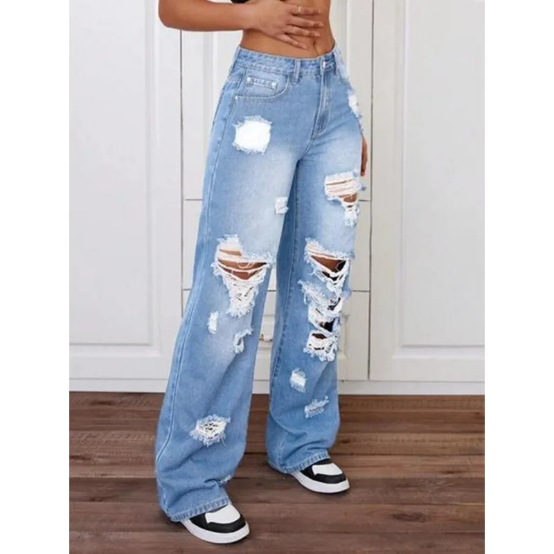 Pantalon pour femmes, jeans tendance bleu clair déchiré, coupe ample et décontractée, jambe large en denim