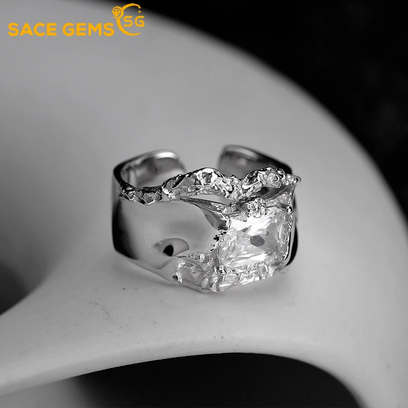 

SACE GEMS Rings for Women 100% S925 Sterling Silver Niche Design Inlaid with Zircon Ins Wind Opening Texture Index Finger Ring