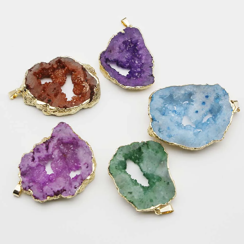 Selling Natural Agates Stone Irregular Gilt Edge Pendants Necklace Colorful Druzy Geode Charms Jewelry Making Bracelet Gift 8Pcs