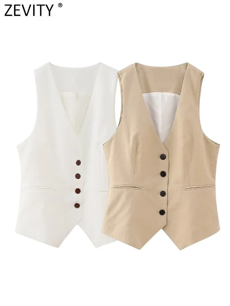 

Zevity 2023 Women Fashion V Neck Single Breasted Slim Vest Jacket Office Lady Sleeveless Business WaistCoat Pockets Tops CT4887