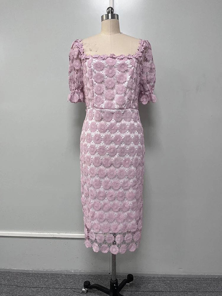 Hollow Out Generous Office Lady White Solid Color Petal Sleeve Slim Midi Dress Embroidery Jacquard Elegant Dresses for Women New