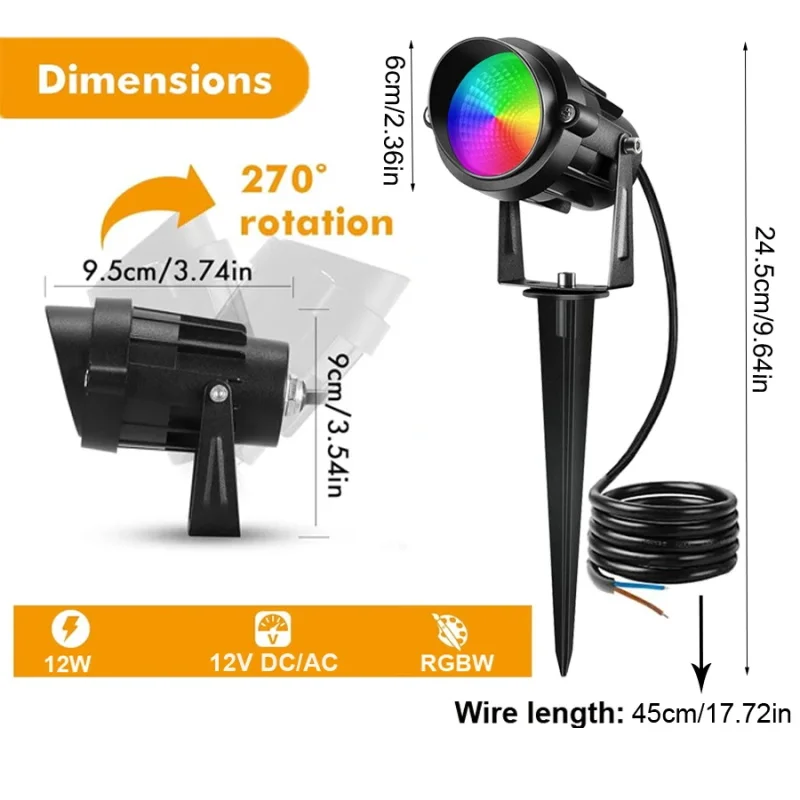 RGBW Lawn Lamp 12V LED Landscape Lighting with Remote Control 12W RGB Color Change IP65 Waterproof Outdoor Path Garden Spotlight