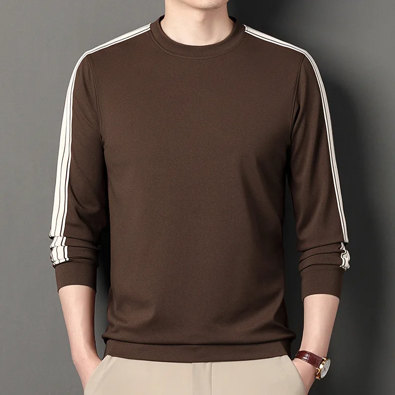 

Футболка мужская Трикотажная с длинным рукавом, модная тенниска с круглым вырезом, повседневная майка в полоску, уличная одежда, весна-осень