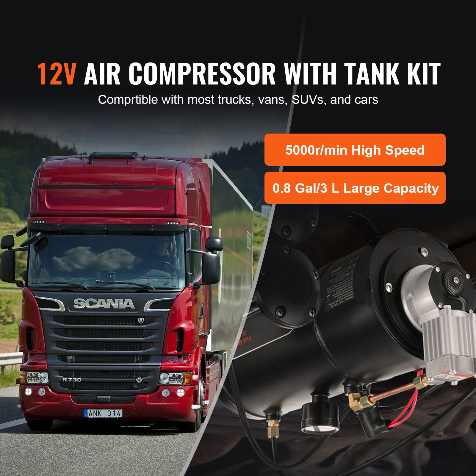 Air Compressor 12V with Tank 0.8Gal/3L for Train Horn