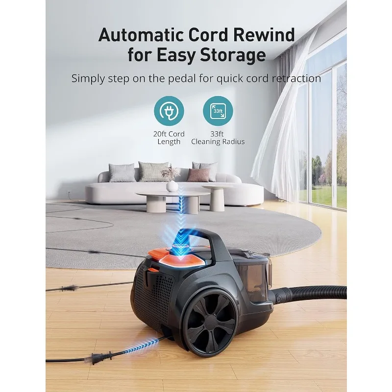 Aspiron Canister Vacuum Cleaner, 1200W Lightweight Bagless Vacuum Cleaner, 3.7QT Capacity, Automatic Cord Rewind, 5 Tools 4