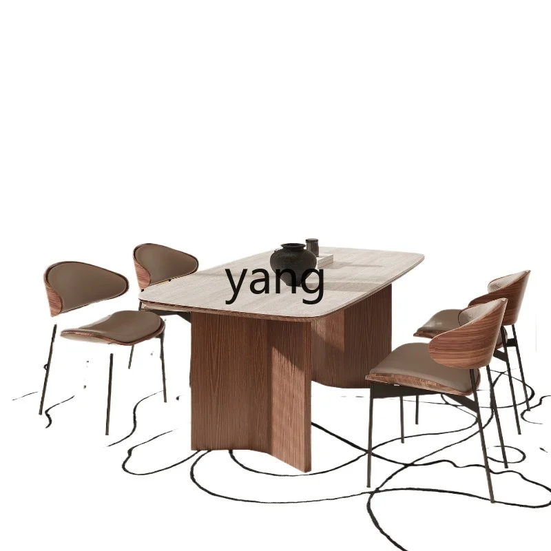 

Yjq Light Luxury Mid-Ancient Cave Stone Stone Plate Dining Table and Chair Living Room Home Solid Wood Dining Table Modern
