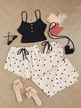 Women's Heart Pattern 3-Piece Sleepwear Pajama Set with Long Pants, Shorts & Tank Top for Nightwear Loungewear 3