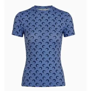 Slim Fit Women's Blue Black Moon Print Half High Collar Short Sleeve T Shirt Elastic Versatile Summer High Street Fashion Top 1