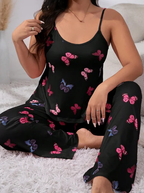 Ensemble de pyjama noir à imprimé papillon pour femme, haut précieux doux, pantalon long avec nœud, grande taille, sommeil confortable 1