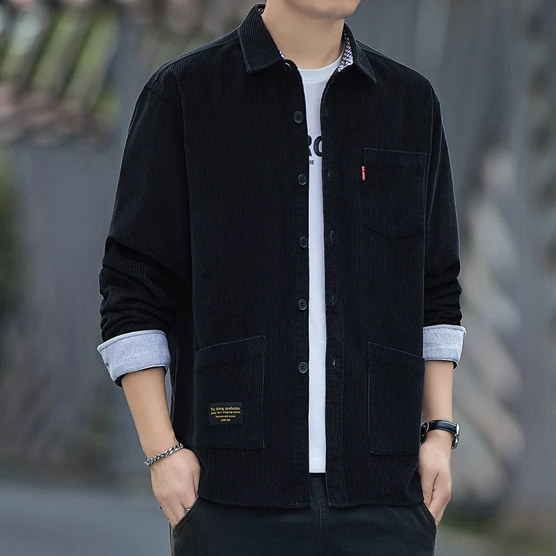 Spring Autumn Turn-down Collar Men's Solid Pockets Button Embroidered Letter Long Sleeve Cardigan Shirt Coats Casual Formal Tops