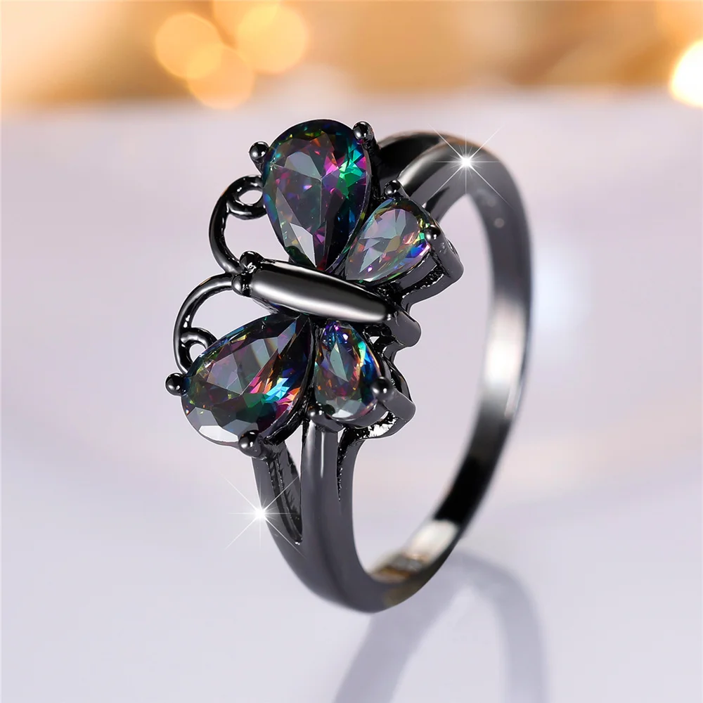 Trendy Cute Female Rainbow Zircon Stone Butterfly Ring Vintage Fashion Black Gold Color Wedding Jewelry For Women