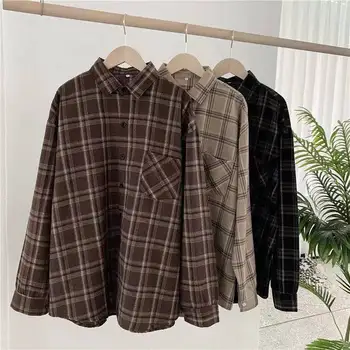 빈티지 여성 격자 무늬 셔츠 느슨한 특대 긴 소매 단추 가을 셔츠 캐주얼 포켓 여성 탑 한국 블랙 탑스