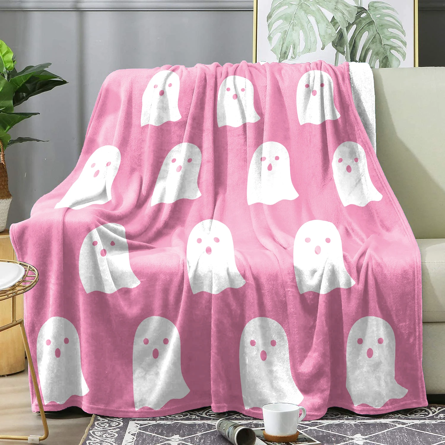 

Pink Ghost Halloween Blanket Bedding Flanne Warm Comfortable Decor Home Throw Blankets Bedsqread Quilt for Bed Winter