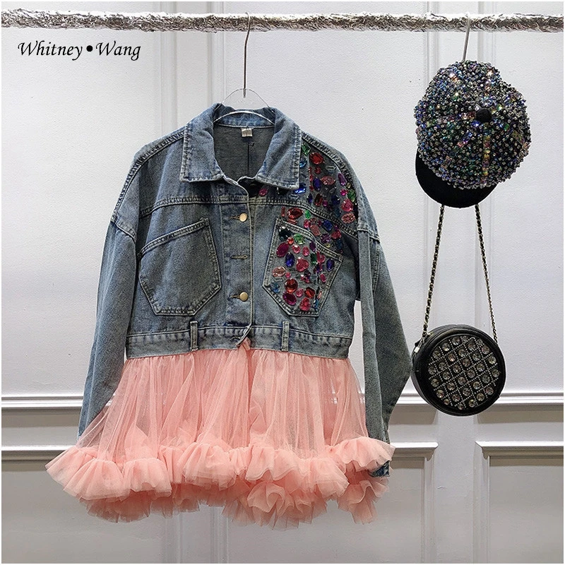 Soft Tulle Ruffles Patchwork Diamonds Beading Denim Jean Jacket