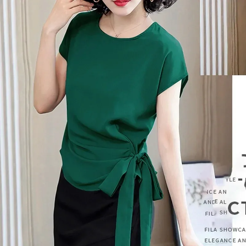 Women's Silk Short-Sleeved Blouse and Tops Green Bow Shirts Women's Clothing Office Lady New Summer 9899